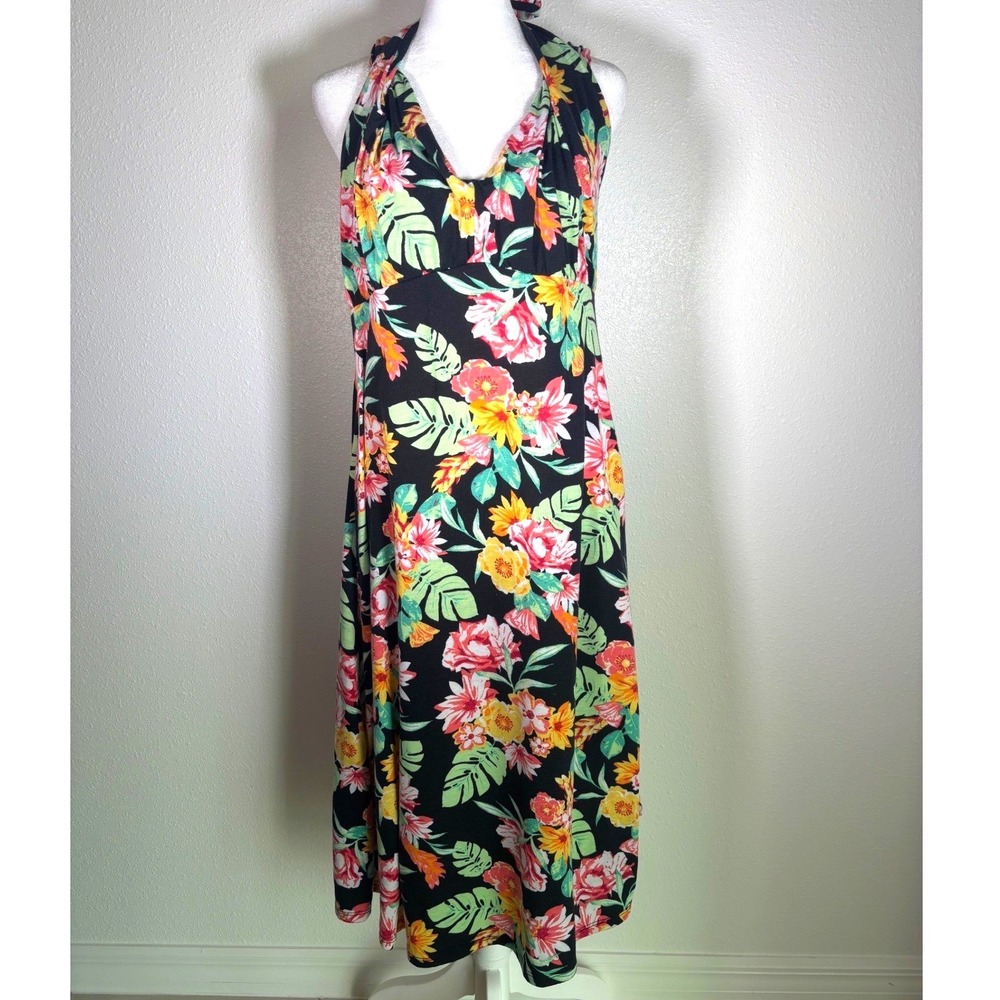 Boho Tropical Floral Hawaiian Womens Large Black Halter Midi Dress Convertible
